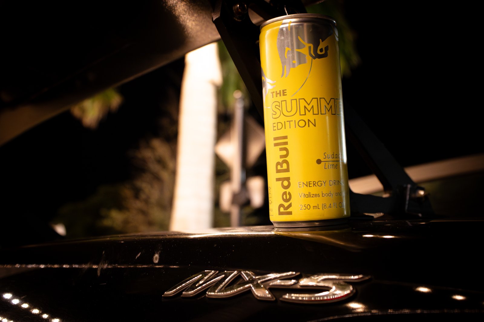 Red Bull can on MX-5 ducktail spoiler with palm trees — Southwest Florida automotive lifestyle