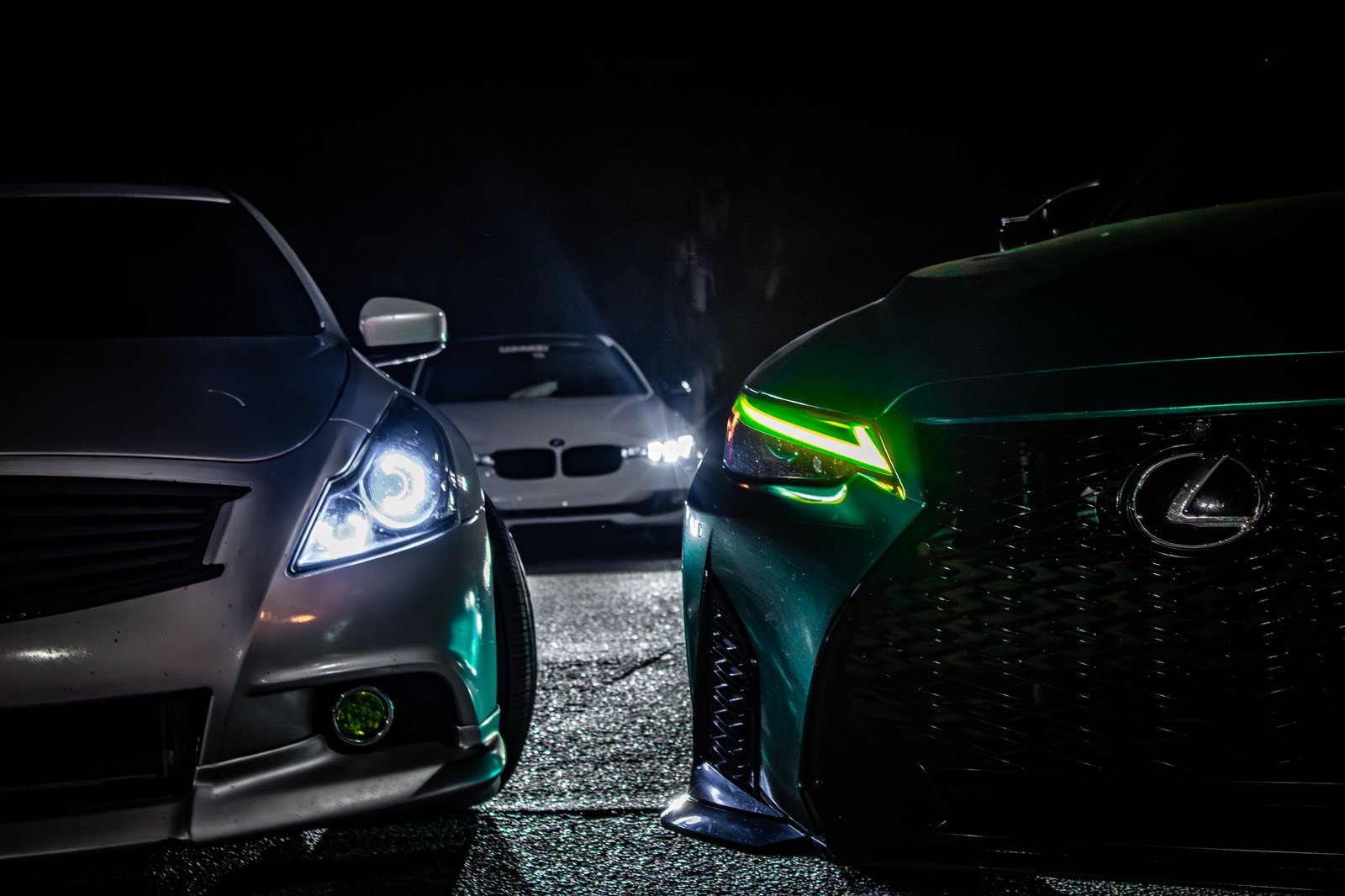 G37, BMW, and green wrapped Lexus IS at night car meet — Florida tuner culture photography