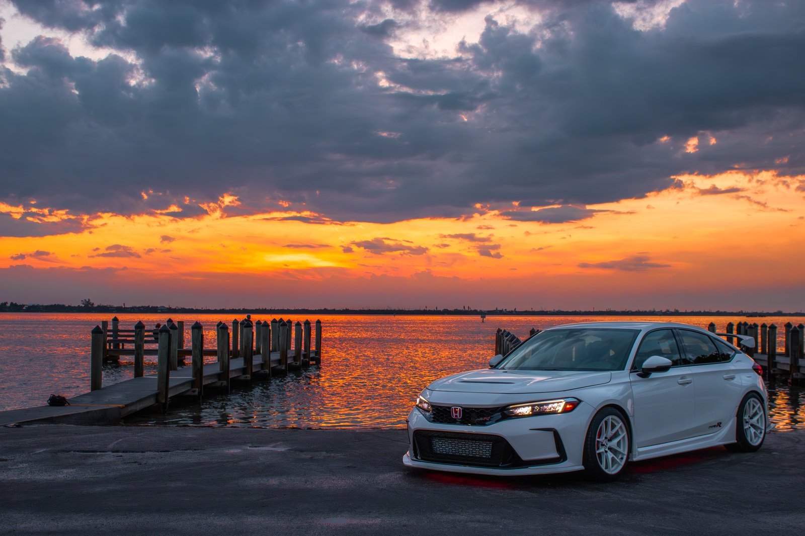 White Honda Civic Type R at the bay during golden hour — Southwest Florida car photography
